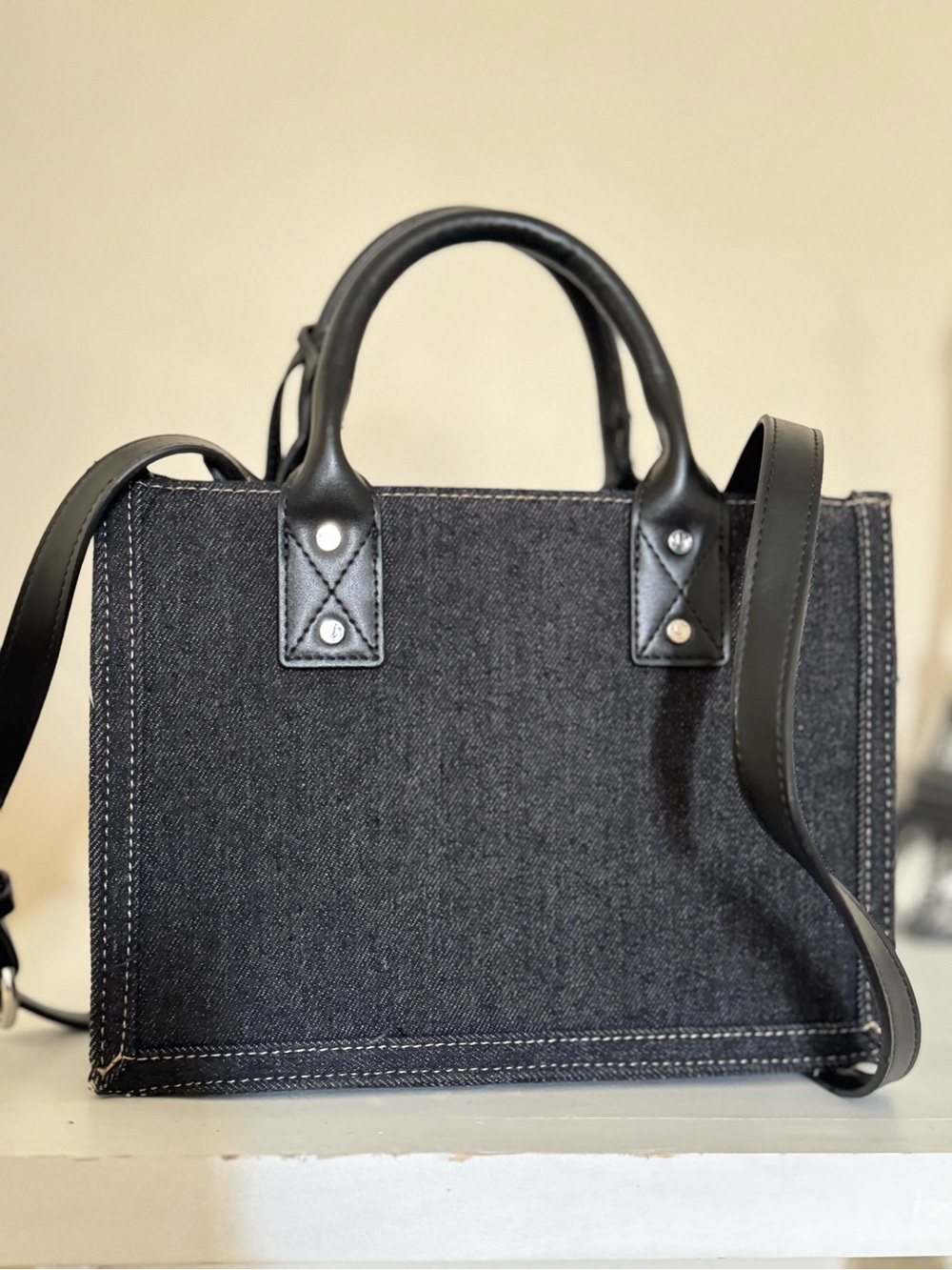 True Religion Black Denim Satchel with Leather Trim and Logo Stitching - Picture 7 of 11